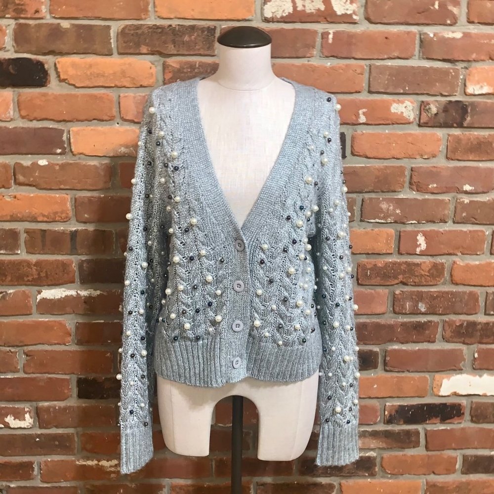 Modcloth Gray Beaded Cable Knit Cardigan Sweater Size Medium